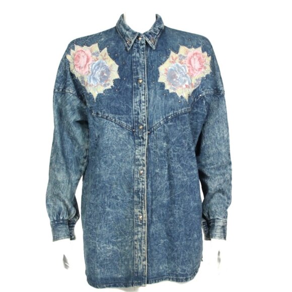 Vtg 80's Denim Floral Studded Jeweled Acid Wash Silver Button Up Top sz L /044 - Picture 1 of 7